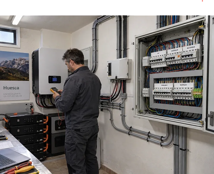 Técnico revisando las baterías de una instalación fotovoltaica en Huesca