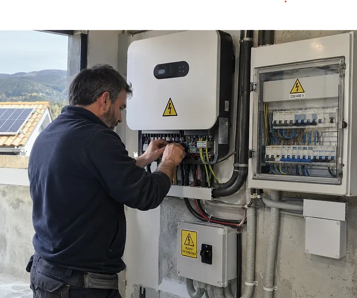 Instalador trabajando en el cuadro eléctrico y el inversor de una instalación fotovoltaica